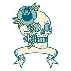 tattoo with banner of a skull and rose
