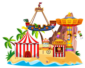 Scene with circus rides and many kids on the island