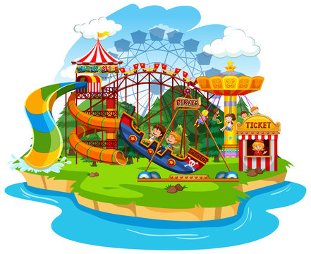 Themepark scene with many rides and happy children