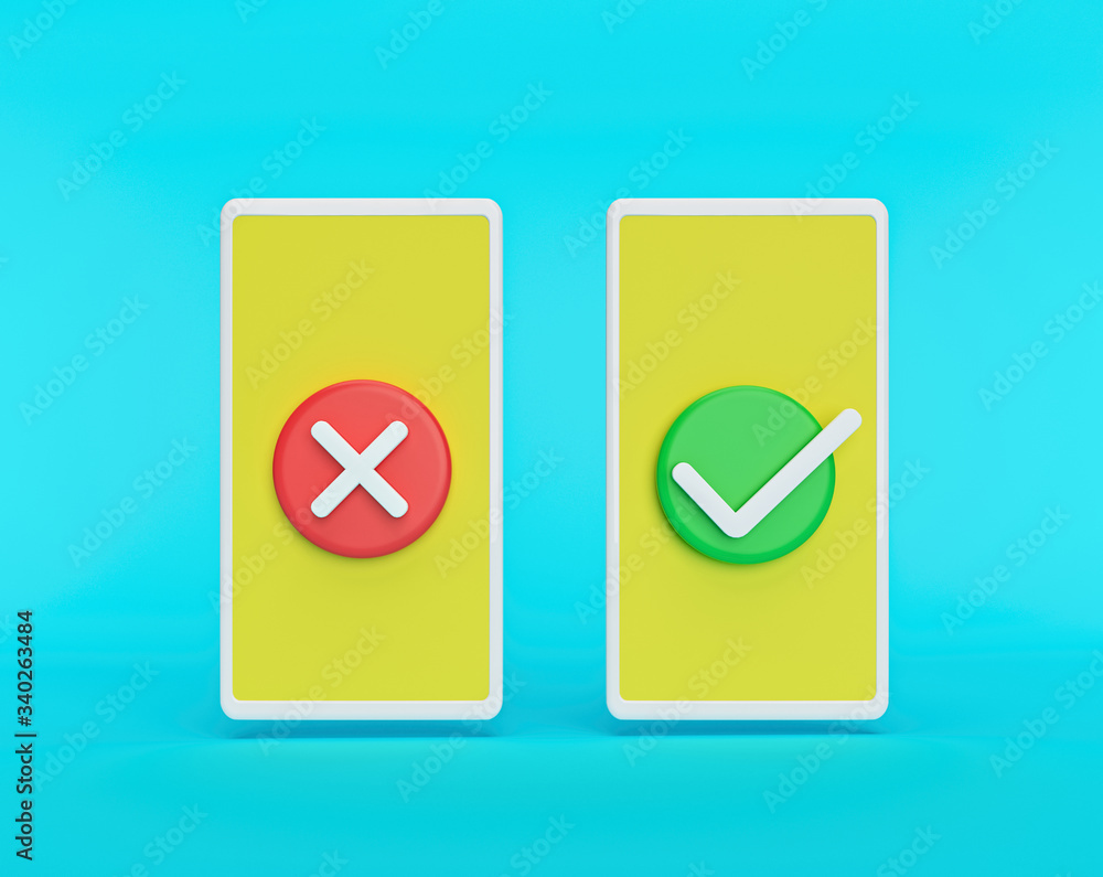 Aufkleber tick and cross check marks icon on smartphones screens. 3d rendering