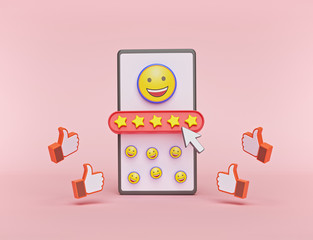 smartphone with five stars, like buttons and happy emoji. customer satisfaction review, quality rating, mobile app feedback. minimal design. 3d rendering