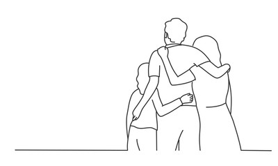 Rear view of family. Man, woman, girl hugging. Line drawing vector illustration.