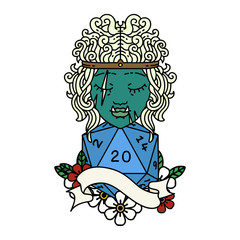 half orc barbarian character with natural twenty dice roll illustration