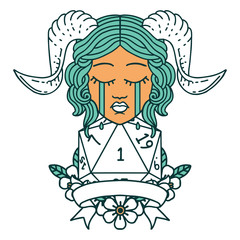 crying tiefling face with natural 1 D20 Dice illustration