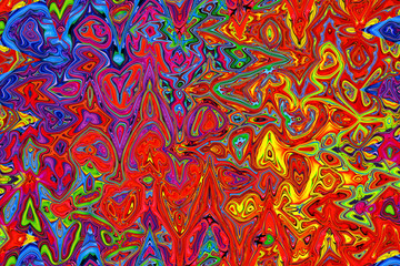 Abstract multicolored background design of red zigzag and swirls.