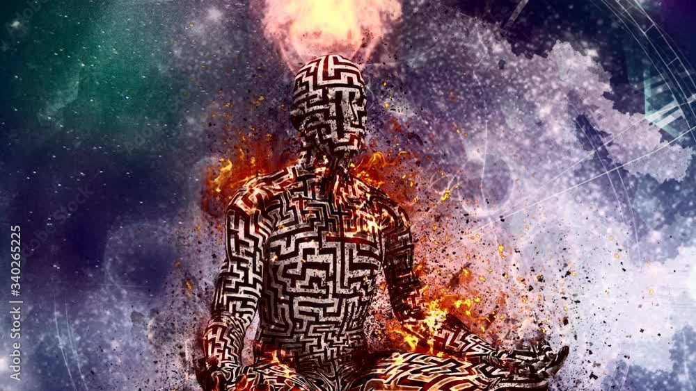 Poster burning figure of man with maze pattern in lotus pose