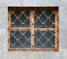 A basement window with a metal barrier