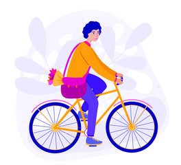 Hipster young man rides a date on a bicycle. Guy in a hurry on  Woman Day March 8, Happy Valentine's Day or Happy Birthday. Vector stock illustration. Flat cartoon style. 