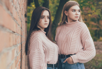 girlfriends in identical sweaters near a brick wall