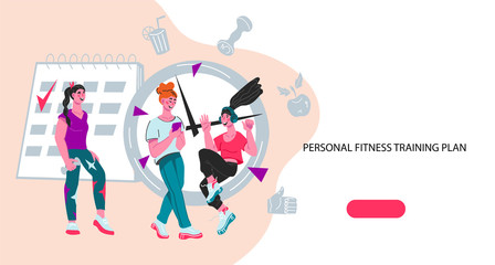 Personal fitness training and sport workout planning web banner with women characters. Weight control and dieting mobile application interface or landing page design. Flat vcartoon vector illustration
