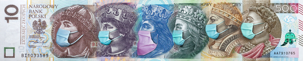 All Polish banknotes with face mask against infection. Coronavirus hit Polish economy causing recession and bankruptcy of thousands of companies. National Bank of Poland prints billions zlotych. Covid