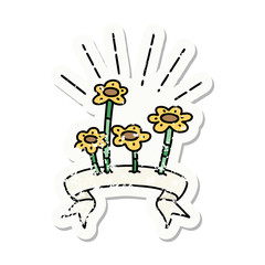grunge sticker of tattoo style flowers growing