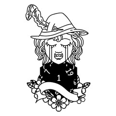 crying orc bard character with natural one D20 roll illustration