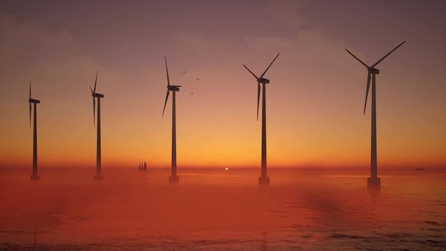 3D animation of offshore wind turbines at sunset. Wind Farm, renewable energy.