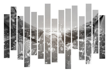 Multi exposure of businessman handshake for agreement partnership  after business deal sucess, commercial property investment together,collaboration and achievement concept.