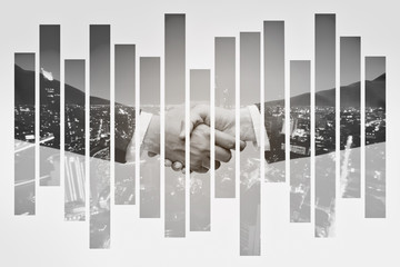 Multi exposure of businessman handshake for agreement partnership  after business deal sucess, commercial property investment together,collaboration and achievement concept.