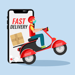 Online delivery service , online order tracking, delivery home and office. Scooter delivery. Shipping.  Man on the bike with mask. Vector illustration