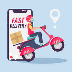 Online delivery service , online order tracking, delivery home and office. Scooter delivery. Shipping.  Man on the bike with mask. Vector illustration