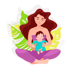 Vector Illustration Of Mother Holding Baby Son or daughter In Arms. Happy Mother`s Day Greeting Card. working or sporty mom enjoing motherhood