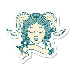 tiefling character face with scroll banner sticker