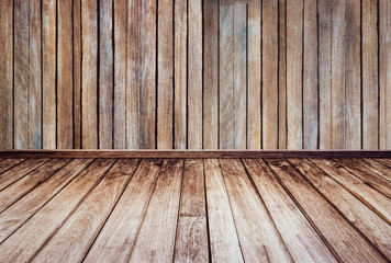 Old wood plank wall texture and brown wooden floors for decoration background or backdrop.