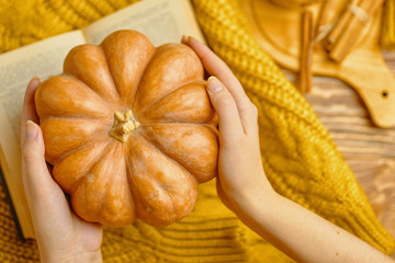 Autumn concept. Woman admires a pumpkin with a knitted sweater and book