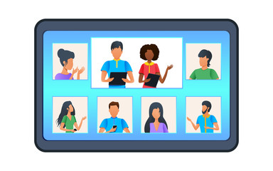 Group of colleagues having discussion in video call. Business team having video conference on laptop. Teleconference for work. Online class. Learn, study from home during coronavirus pandemic outbreak