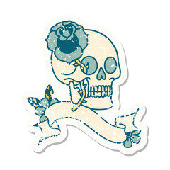 grunge sticker with banner of a skull and rose