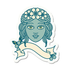 tattoo sticker with banner of female face with crown of flowers