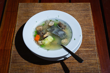Turtle soup with vegetable on wooden table. Selective focus.