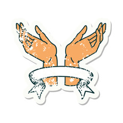 grunge sticker with banner of open hands