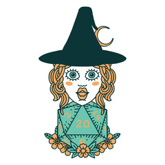 human witch with natural twenty dice roll illustration