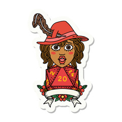 human bard character with natural 20 dice roll sticker