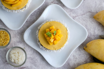 Mango Mousse tart with sticky rice and fresh mango.