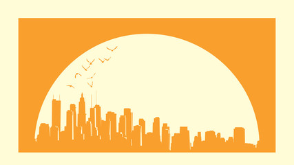 A simple monochrome card with the sunset behind an abstract big city and skyscrapers with glare from the sun and birds (with place for text).