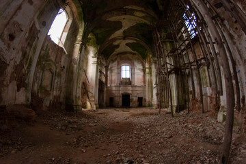 Fototapeta na wymiar huge hall in an abandoned church