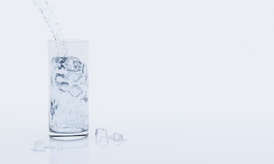 Pouring water from bottle into glass on white background and reflection on surface. 3D rendering.