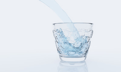 Pouring water from bottle into glass on white background and reflection on surface. 3D rendering.