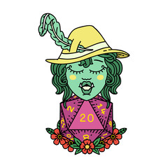 half orc bard with natural twenty dice roll  illustration