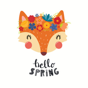 Hand drawn vector illustration of a cute fox face in a flower crown, with lettering quote Hello Spring. Isolated objects on white. Scandinavian style flat design. Concept for children print.