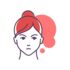 Human feeling envy line color icon. Face of a young girl depicting emotion sketch element. Cute character on turquoise background. Outline vector illustration.