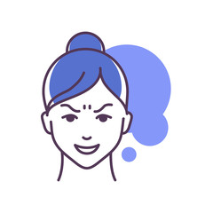 Human feeling gloat line color icon. Face of a young girl depicting emotion sketch element. Cute character on turquoise background. Outline vector illustration.
