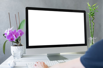 Home working concept, Computer all in one with white blank screen on work table front view. Copy space, home office workspace concept, Computer mockup.