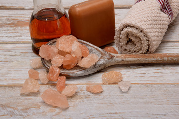 Mountain salt bath, dark soap, towels, essential for a Christmas present home spa