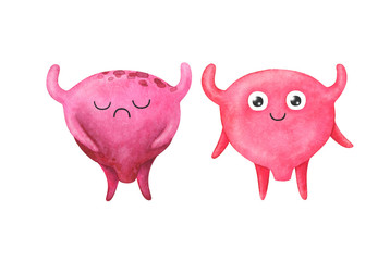 urinal blade Healthy and diseased organs. Anatomical characters in children's style. Set of watercolor illustrations isolated on a white background.Stock image. Print for studying the human body