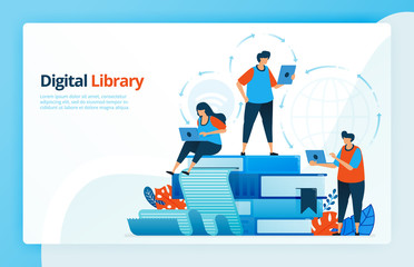 Vector illustration of activities from distance learning and digital libraries. Education 4.0, students learn from home. E-learning and e-library. Designed for landing pages, web, mobile apps, poster