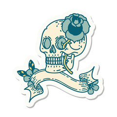 tattoo sticker with banner of a skull and rose