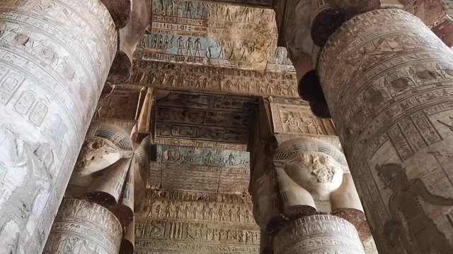 Beautiful interior of the Temple of Dendera or the Temple of Hathor. Egypt, Dendera, Ancient Egyptian temple near the city of Ken.