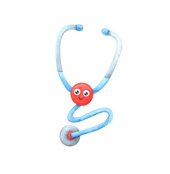Stethophonendoscope is a medical instrument. Stethoscope, phonendoscope for diagnostics of patients . Cute children's character. Watercolor illustration on a white background. Stock image. 