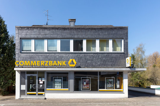 WIEHL, GERMANY - April 12, 2020: Commerzbank branch. Commerzbank is a global banking and financial services company founded in 1870 with its headquarters in Frankfurt, Germany.